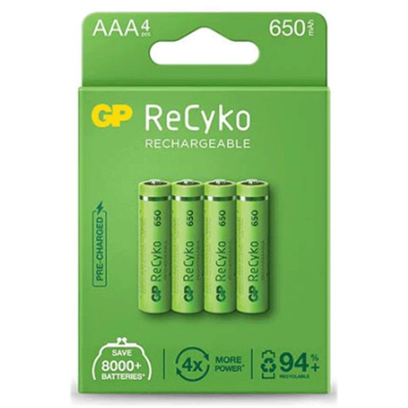 GP ReCyko Pack de 4 Piles Rechargeables 650mAh AAA 1.2V - Préchargées - Fabriquées avec plus de 10% de matériaux recyclés