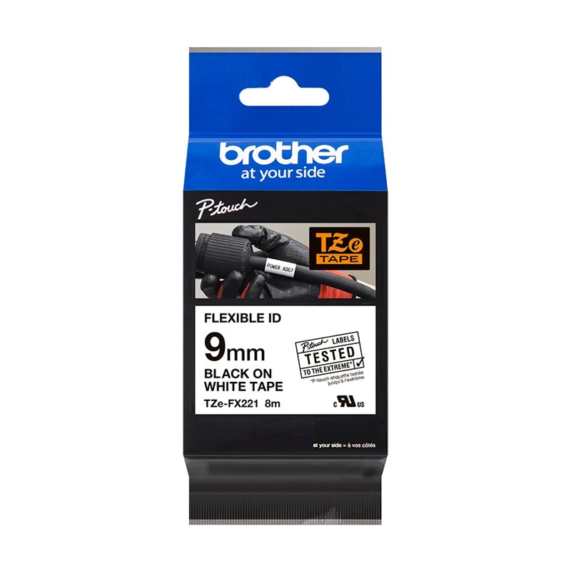 Brother TZeFX221 Ruban pour étiquettes laminé flexible original - Texte noir sur fond blanc - Largeur 9 mm x 8 mètres