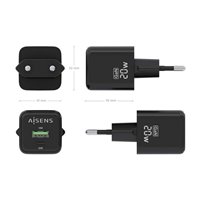 Chargeur Aisens Gan 20W - 1xUSB-C PD3.0 QC4.0 - 1xUSB-A QC3.0 - Couleur Noir