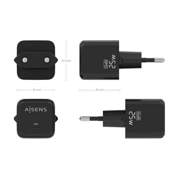 Aisens Chargeur Gan 25W - 1xUSB-C PD3.0 QC4.0 - Couleur Noir