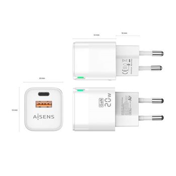 Chargeur Aisens GAN 20W - 1xUSB-C PD3.0 QC4.0 - 1xUSB-A QC3.0 - Blanc