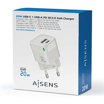 Chargeur Aisens GAN 20W - 1xUSB-C PD3.0 QC4.0 - 1xUSB-A QC3.0 - Blanc