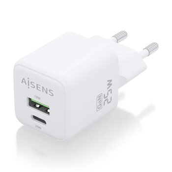 Aisens Chargeur Gan 25W - 1xUSB-C PD3.0 QC4.0 - 1xUSB-A QC3.0 - Blanc