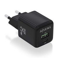 Aisens Chargeur Gan 25W - 1xUSB-C PD3.0 QC4.0 - 1xUSB-A QC3.0 - Couleur Noir