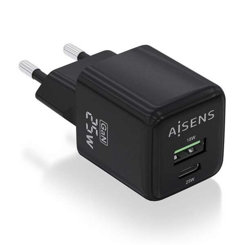 Aisens Chargeur Gan 25W - 1xUSB-C PD3.0 QC4.0 - 1xUSB-A QC3.0 - Couleur Noir