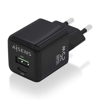 Aisens Chargeur Gan 25W - 1xUSB-C PD3.0 QC4.0 - 1xUSB-A QC3.0 - Couleur Noir