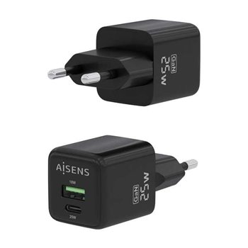 Aisens Chargeur Gan 25W - 1xUSB-C PD3.0 QC4.0 - 1xUSB-A QC3.0 - Couleur Noir