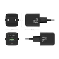 Aisens Chargeur Gan 25W - 1xUSB-C PD3.0 QC4.0 - 1xUSB-A QC3.0 - Couleur Noir