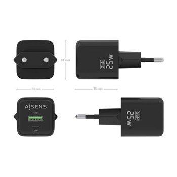 Aisens Chargeur Gan 25W - 1xUSB-C PD3.0 QC4.0 - 1xUSB-A QC3.0 - Couleur Noir