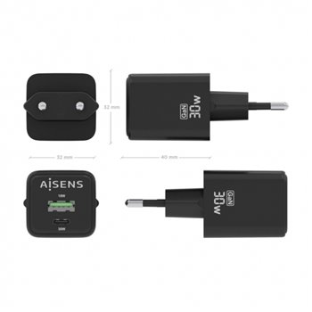 Aisens Gan USB-C Chargeur 30W - Haute efficacité énergétique - Noir