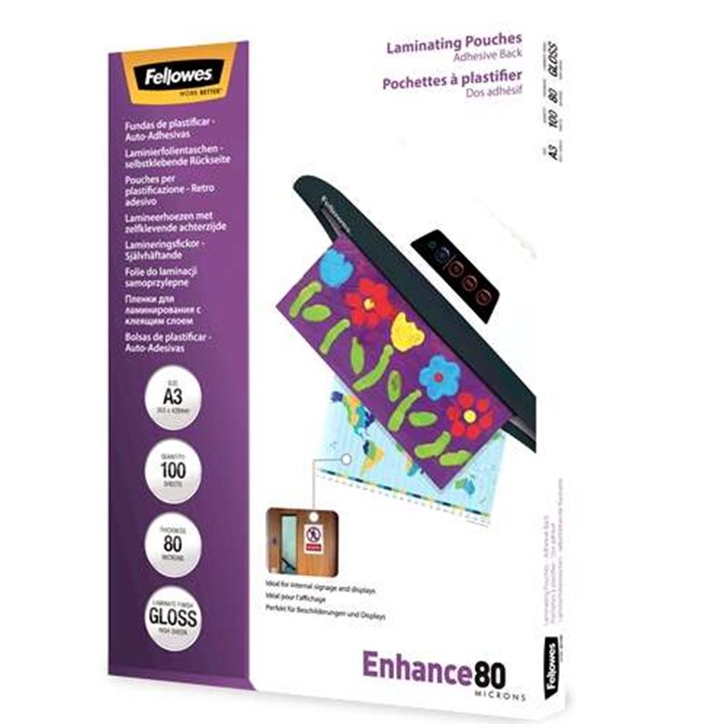 Fellowes Pack de 100 Pochettes Autocollantes pour Plastification Brillante A3 - 80 Microns - Haute Qualité - Transparent